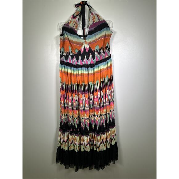 Calvin Klein‎ Midi Dress L Halter Vibrant Tye Dye Festival Chiffon Tiered Y2K - Picture 1 of 10